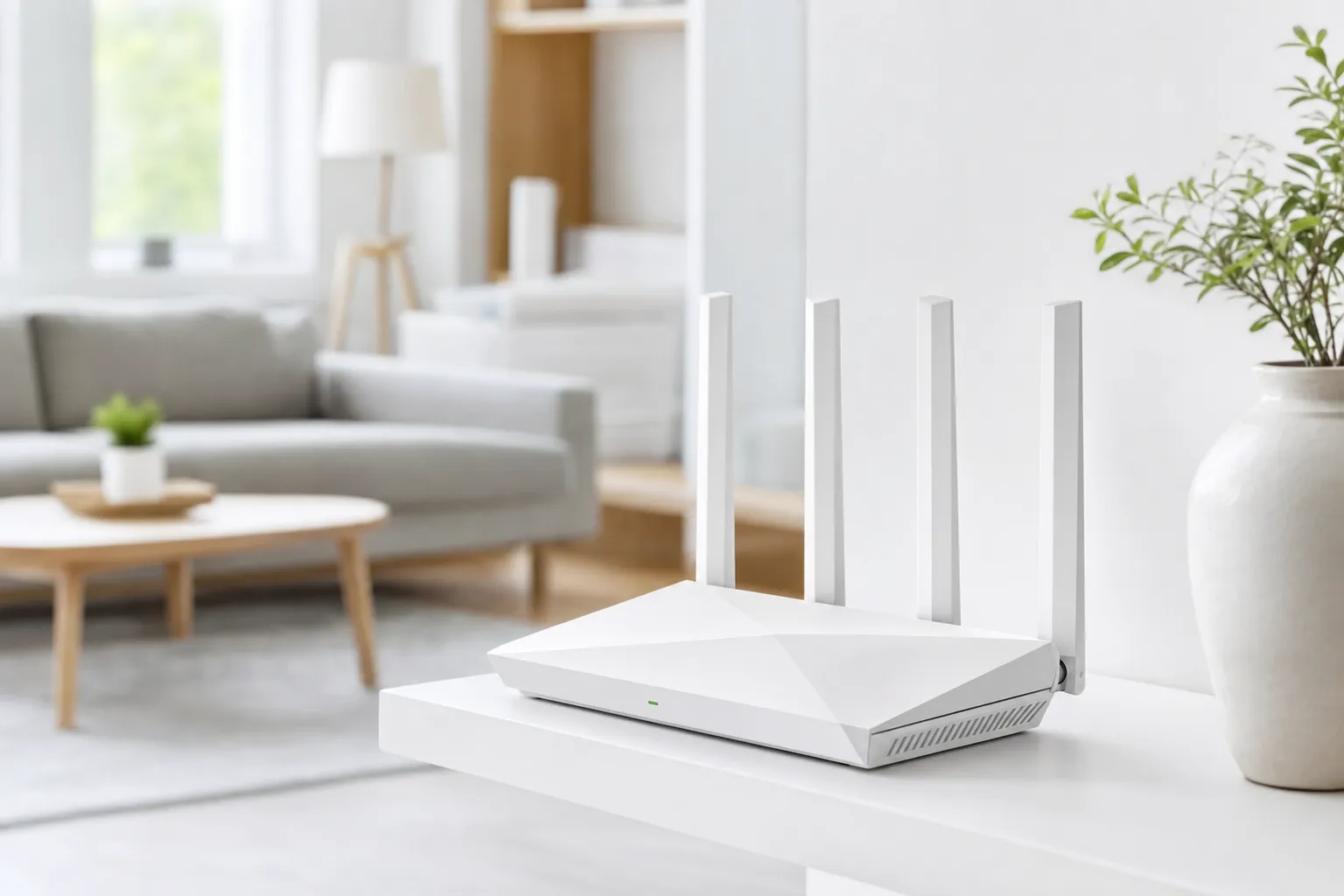 Modern 5G-router i ett ljust skandinaviskt vardagsrum