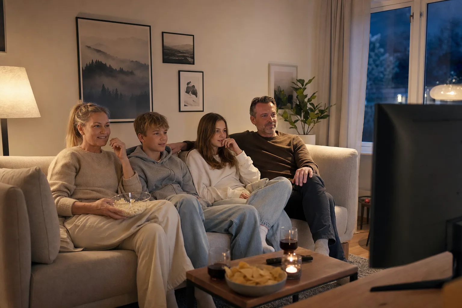 Familj tittar på tv tillsammans