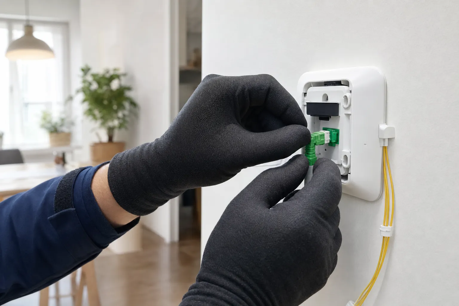 Tekniker installerar fiberkabel i ett uttag