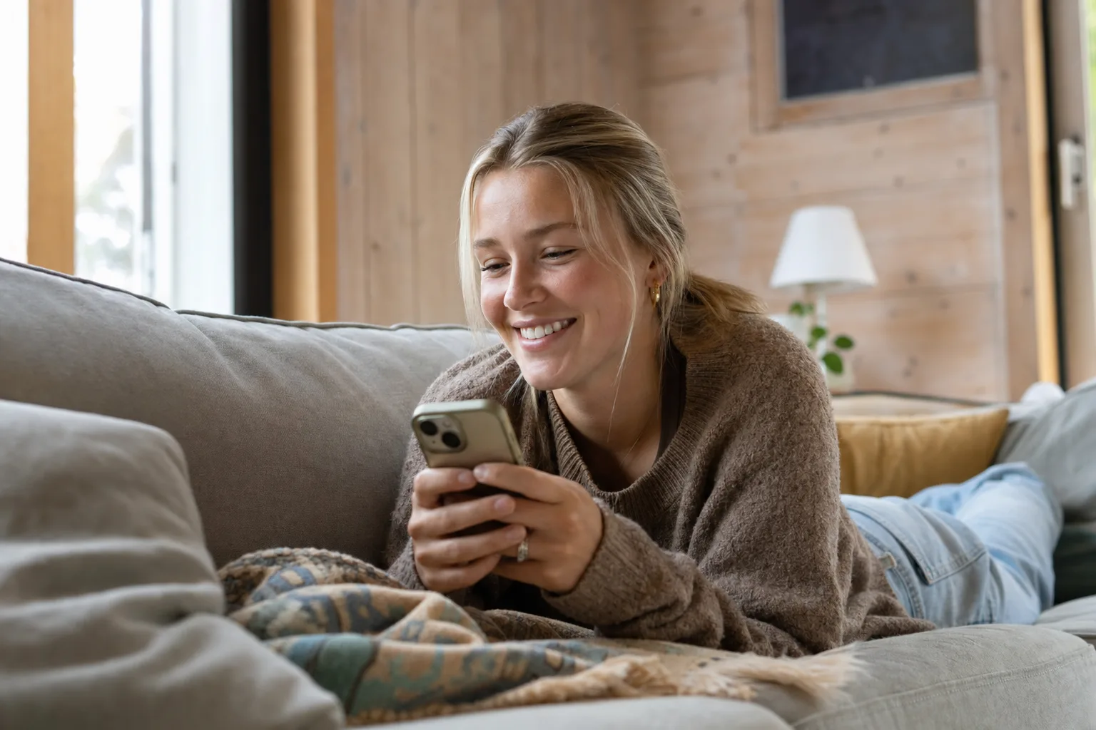 Avslappnad ung person med smartphone i nordiskt hem