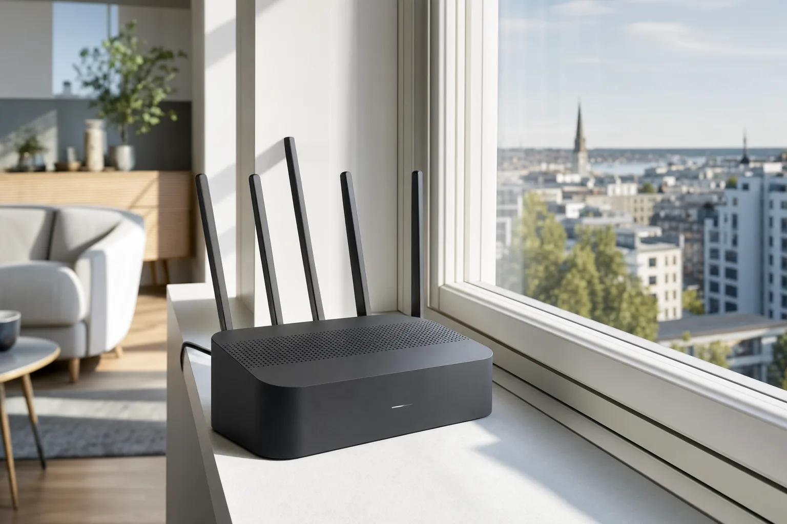 5G-router vid fönster i nordisk lägenhet