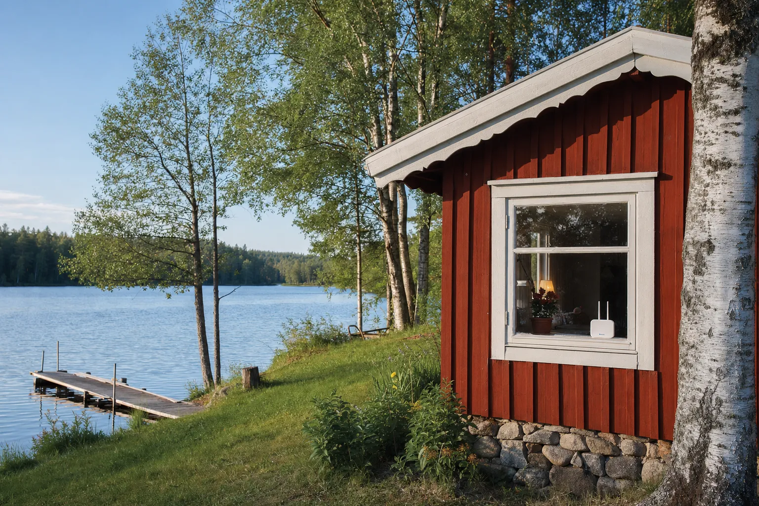 Svensk röd stuga vid sjö med fiber- och mobilanslutning